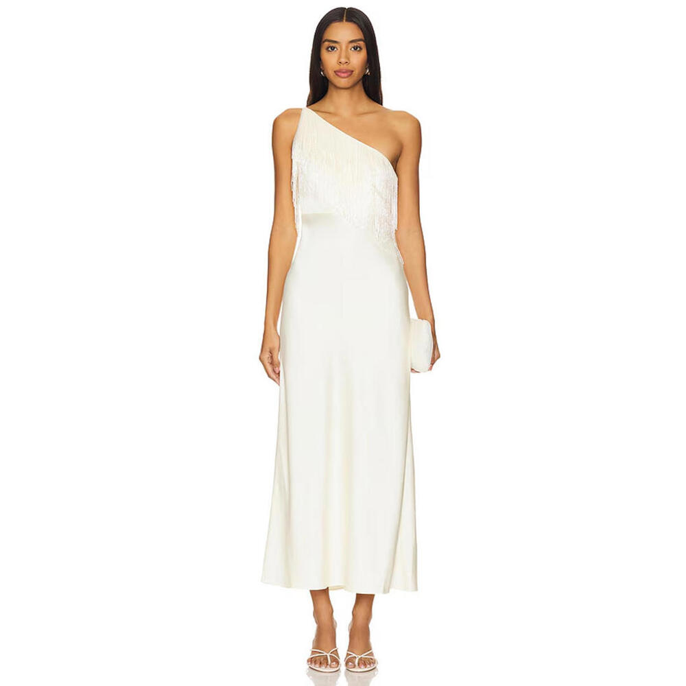 One-Shoulder White Fringe Midi Dress